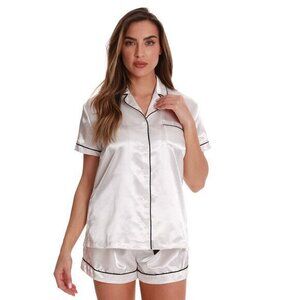 Women's Ivory Satin‎ Pajama Set Size Small Short Sleeve with Piping